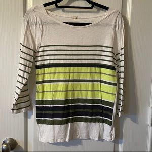 J Crew 3/4 length white t shirt neon yellow and green stripes size S